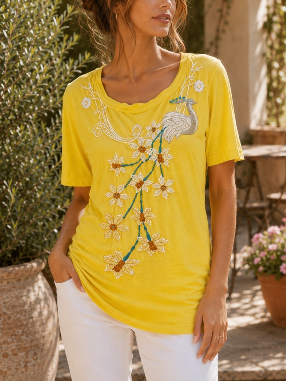 Johnny Was JWLA Yellow Peacock Embroidered Boho Artsy Top Size M